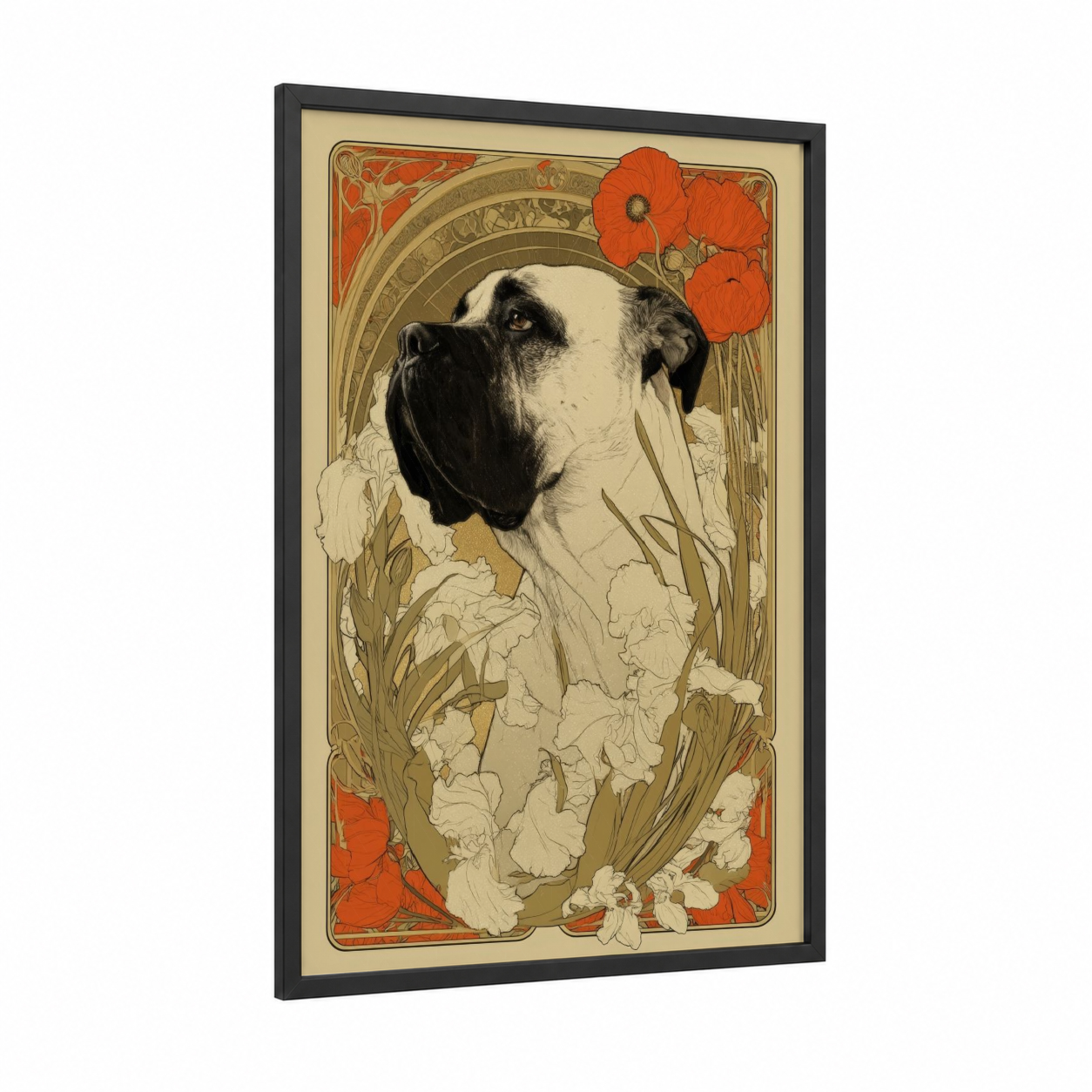 Noble Mastiff framed art print — black wood frame — cream and red palette