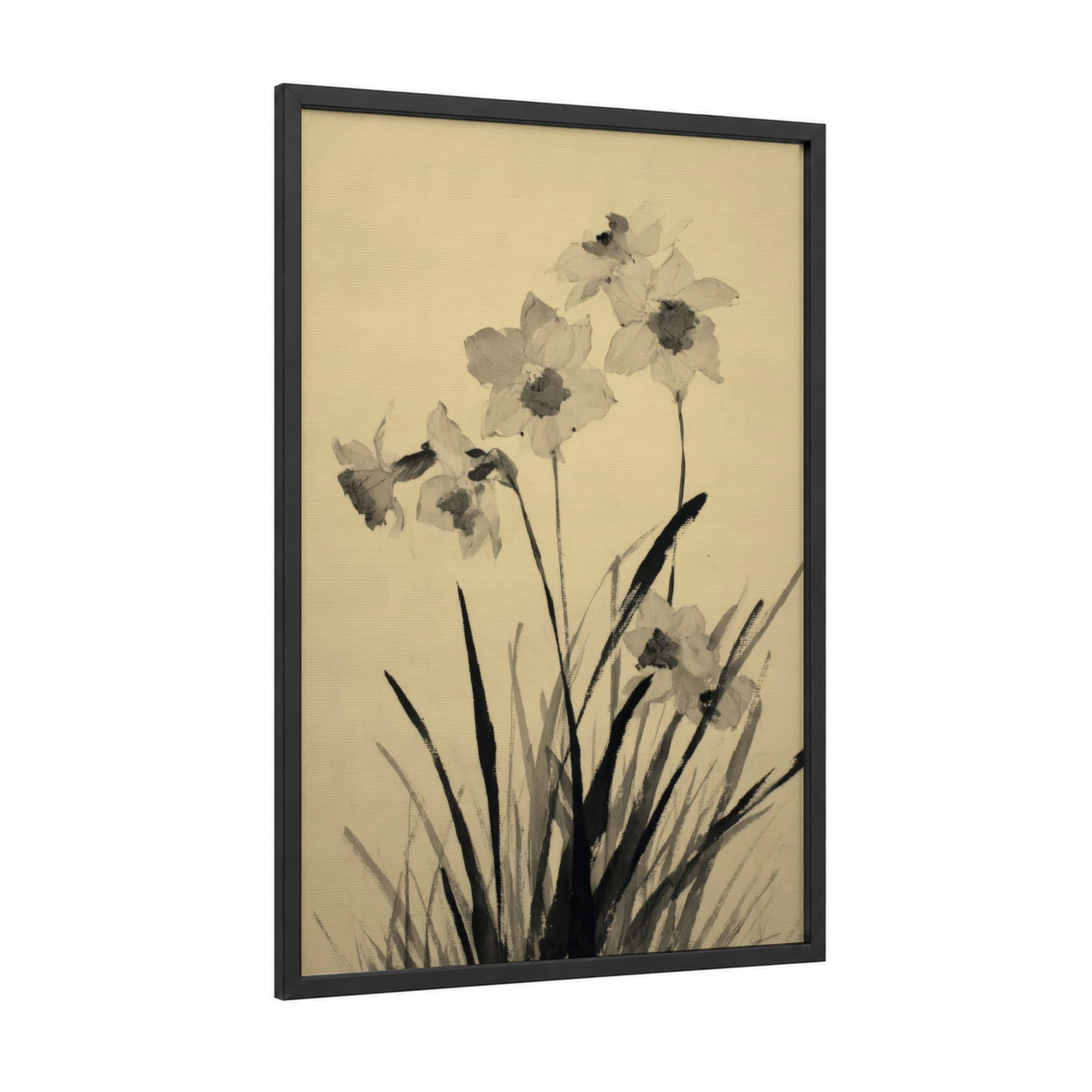 Delicate Daffodils framed art print — black wood frame — cream and black and white palette