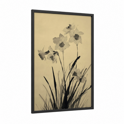 Delicate Daffodils framed art print — black wood frame — cream and black and white palette
