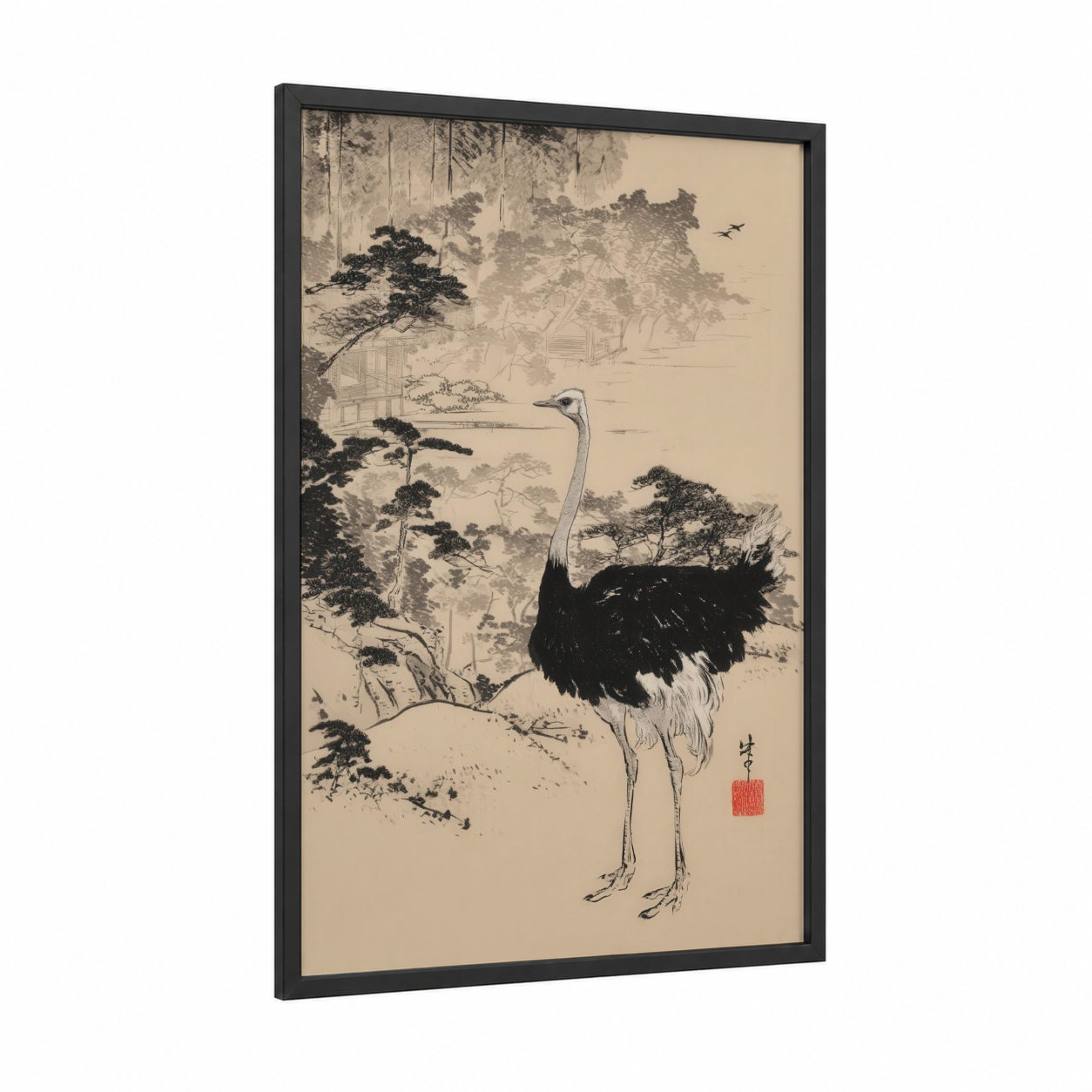Contemplative Ostrich framed art print — black wood frame — black and white and beige palette