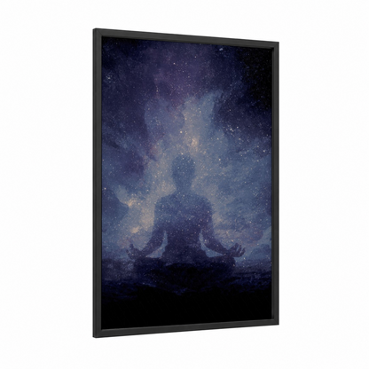 Cosmic Meditation framed yoga print — black wood frame — dark blue and gold palette