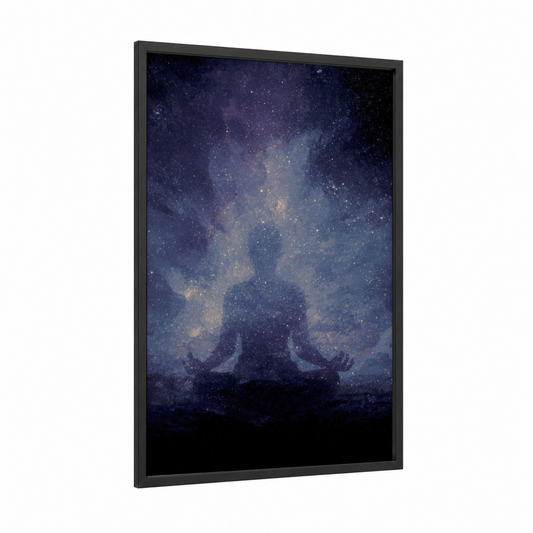 Cosmic Meditation framed yoga print — black wood frame — dark blue and gold palette