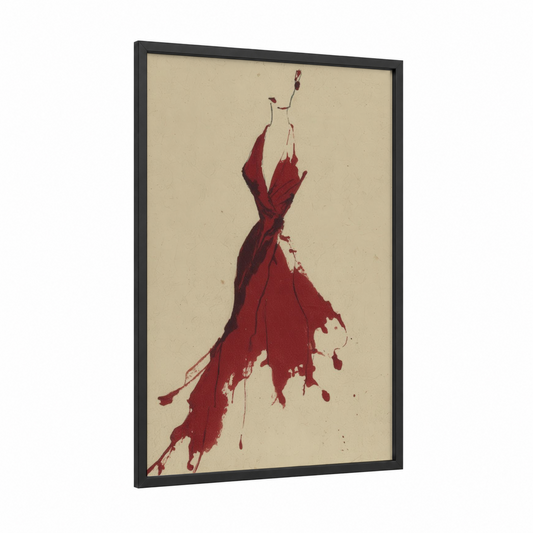 Crimson Wine Dress framed red wine print — black wood frame — maroon and cream palette
