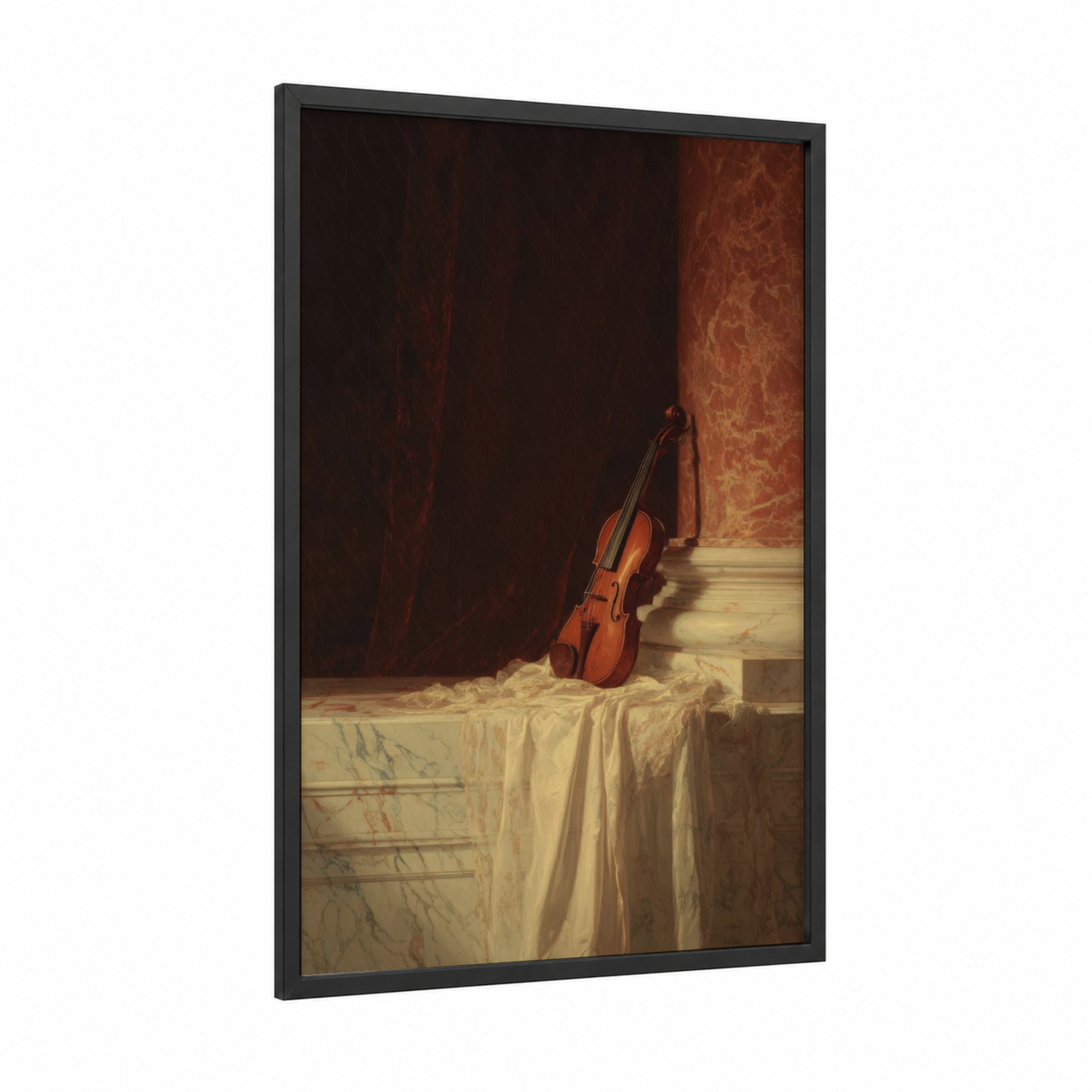 Solitary Violin framed art print — black wood frame — gold and russet palette
