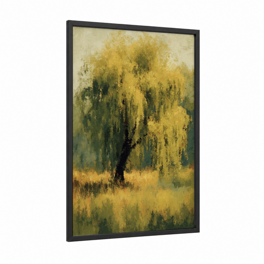 Golden Willow framed willow tree print — black wood frame — yellow gold and sage green palette