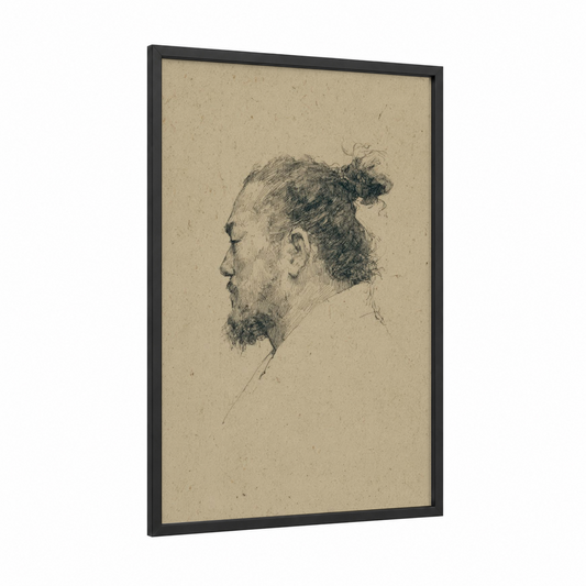 Bearded Wrestler Profile framed sumo print — black wood frame — black and white palette