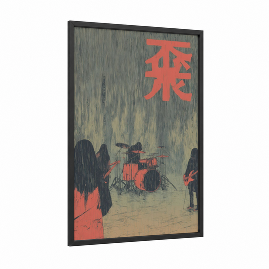Rainy Stage Performance framed death metal print — black wood frame — gray and red palette
