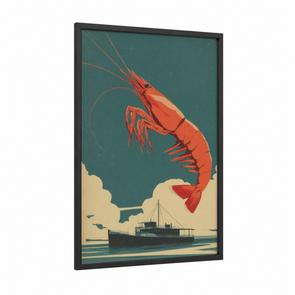 Vintage Shrimp framed art print — black wood frame — teal and orange palette