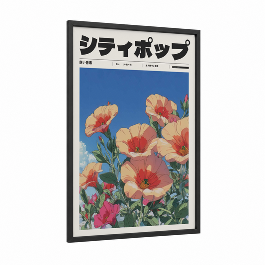 Sunny Flower Garden framed anime and manga print — black wood frame — blue and peach palette