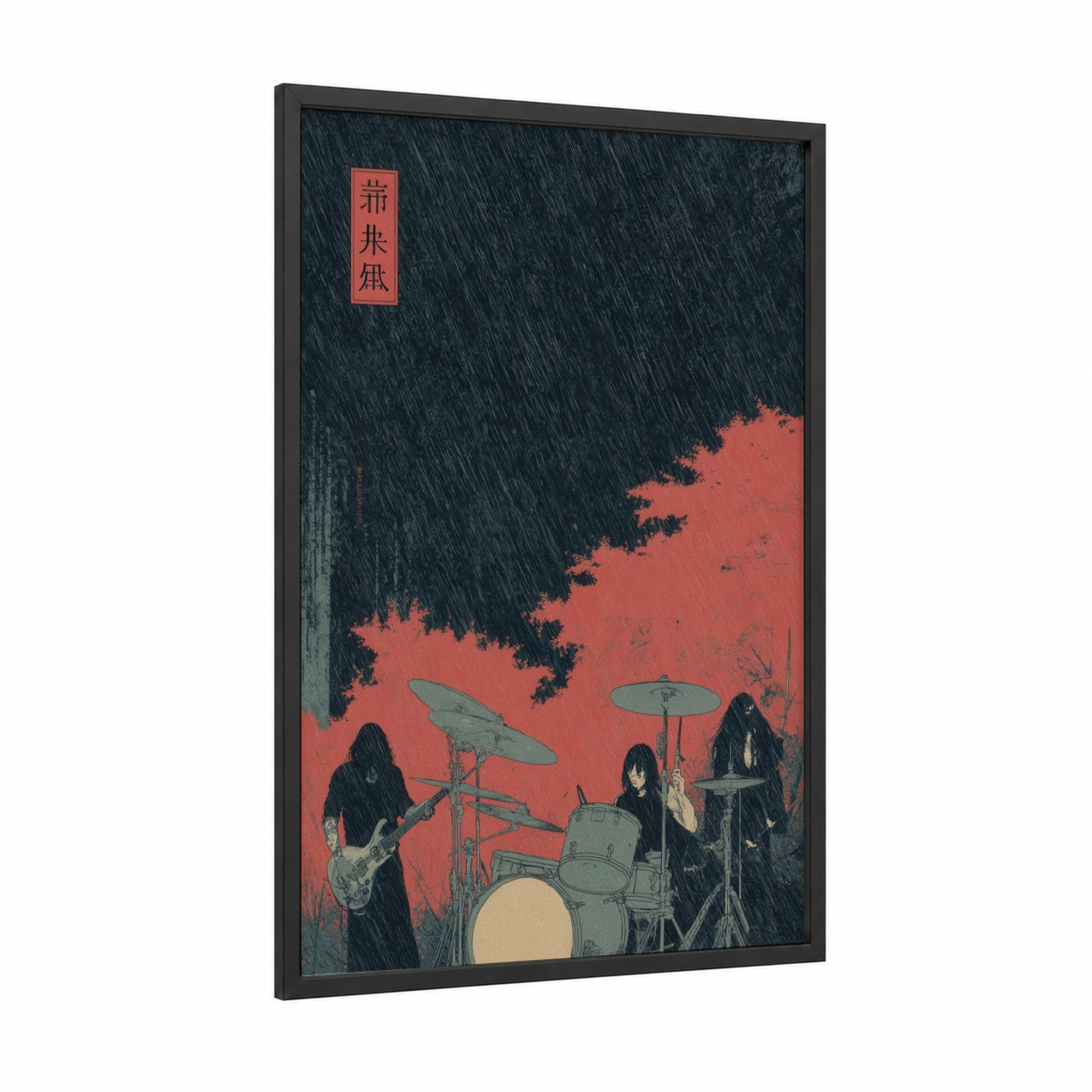 Stormy Metal Band framed death metal print — black wood frame — black and red and red palette