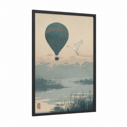 Misty Balloon Flight framed hot air baloon print — black wood frame — teal and cream palette