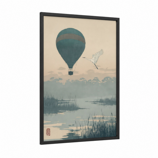 Misty Balloon Flight framed hot air baloon print — black wood frame — teal and cream palette