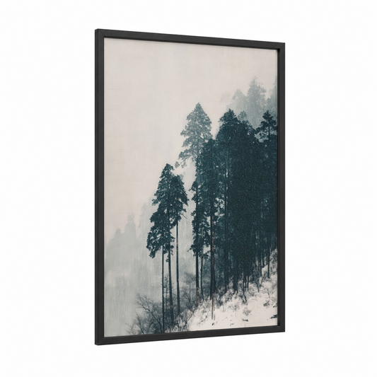 Snowy Pine Forest framed art print — black wood frame — gray and white and dark green palette