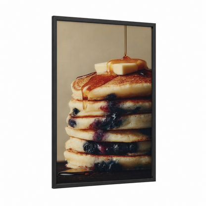 Maple Pancake Stack framed baking print — black wood frame — gold and brown palette