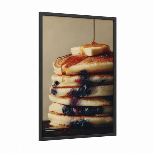 Maple Pancake Stack framed baking print — black wood frame — gold and brown palette