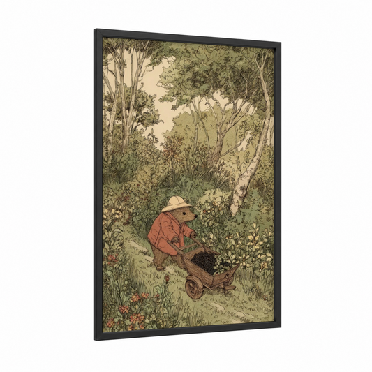 Gardening Hedgehog framed art print — black wood frame — sage green and cream palette