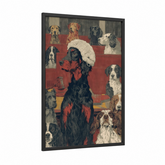 Courtroom Setter framed art print — black wood frame — red and black and white palette