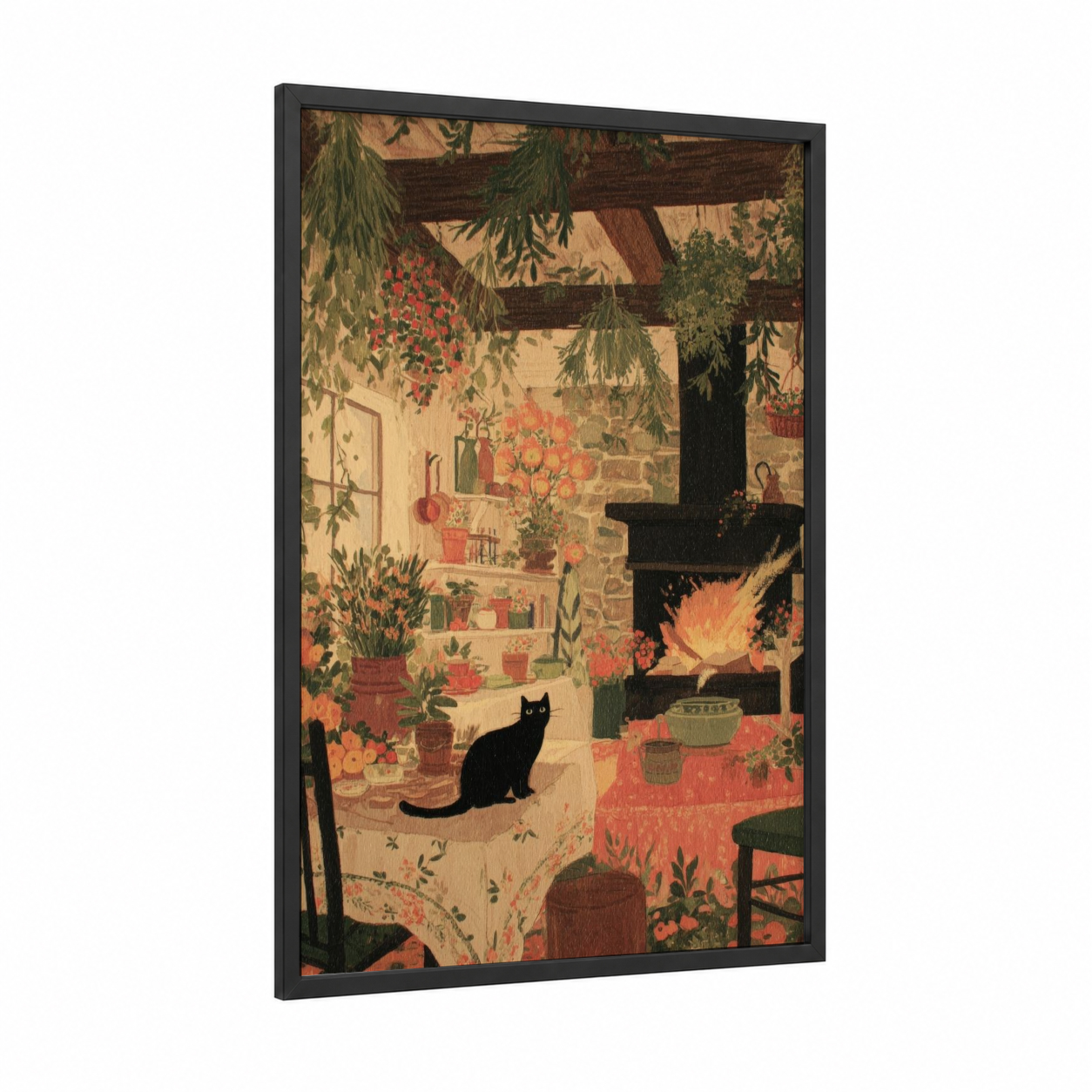 Mystical Garden Cat framed wiccan print — black wood frame — sage green palette