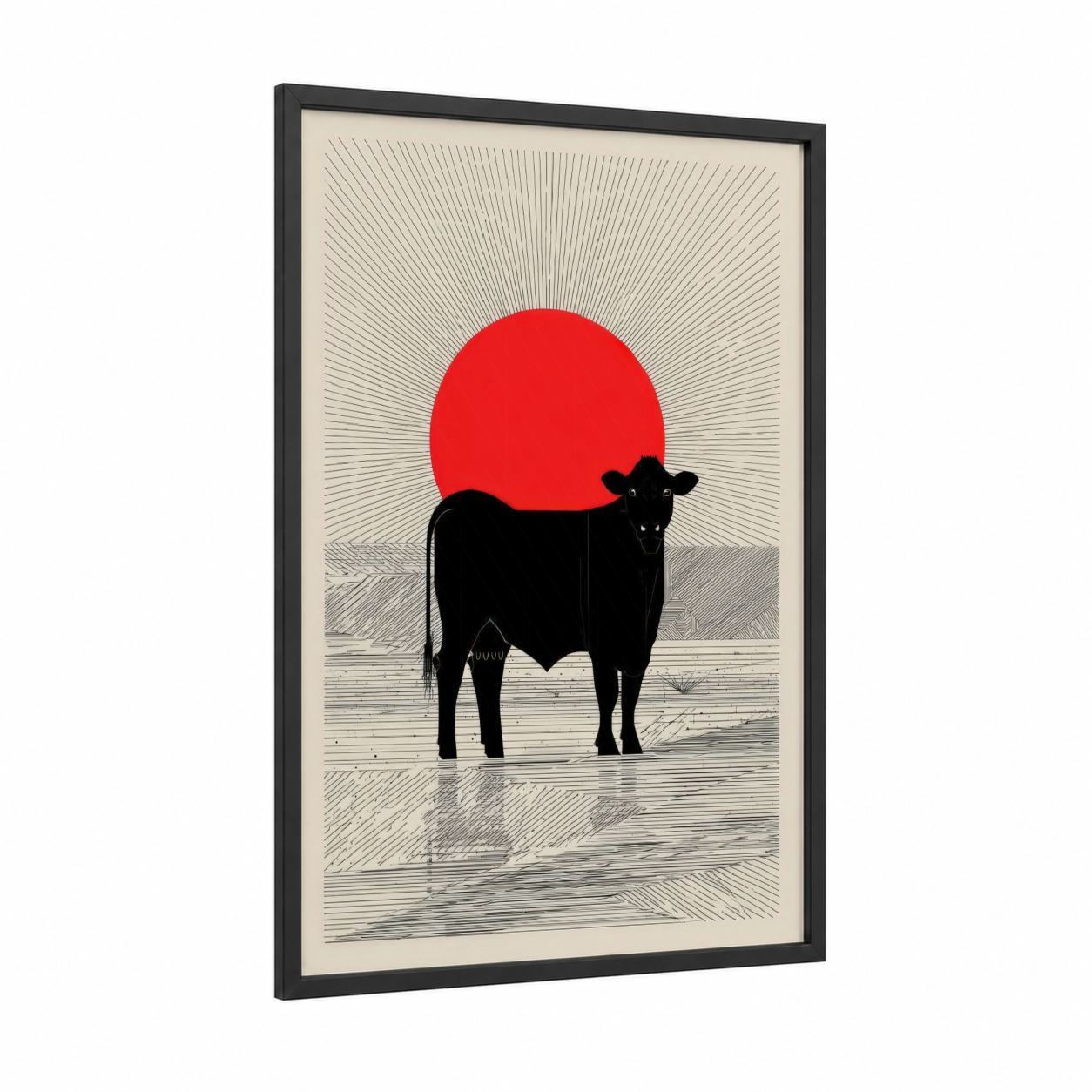 Sunset Angus framed angus cow print — black wood frame — red and black palette