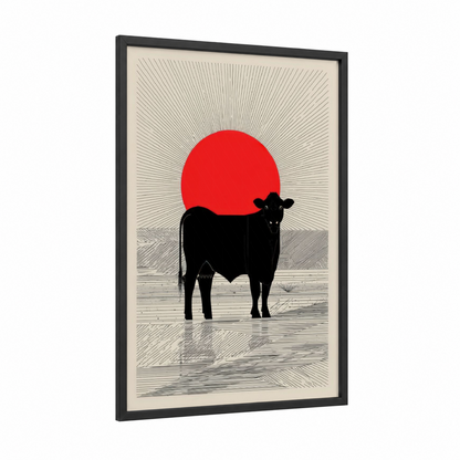 Sunset Angus framed angus cow print — black wood frame — red and black palette