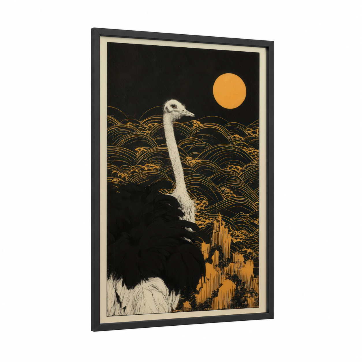 Golden Ostrich Sunset framed art print — black wood frame — black and gold palette