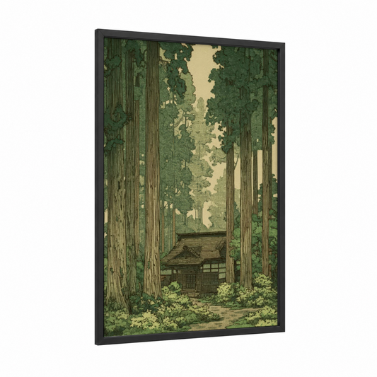 Serene Cedar Temple framed cedar forest print — black wood frame — sage green and cream palette