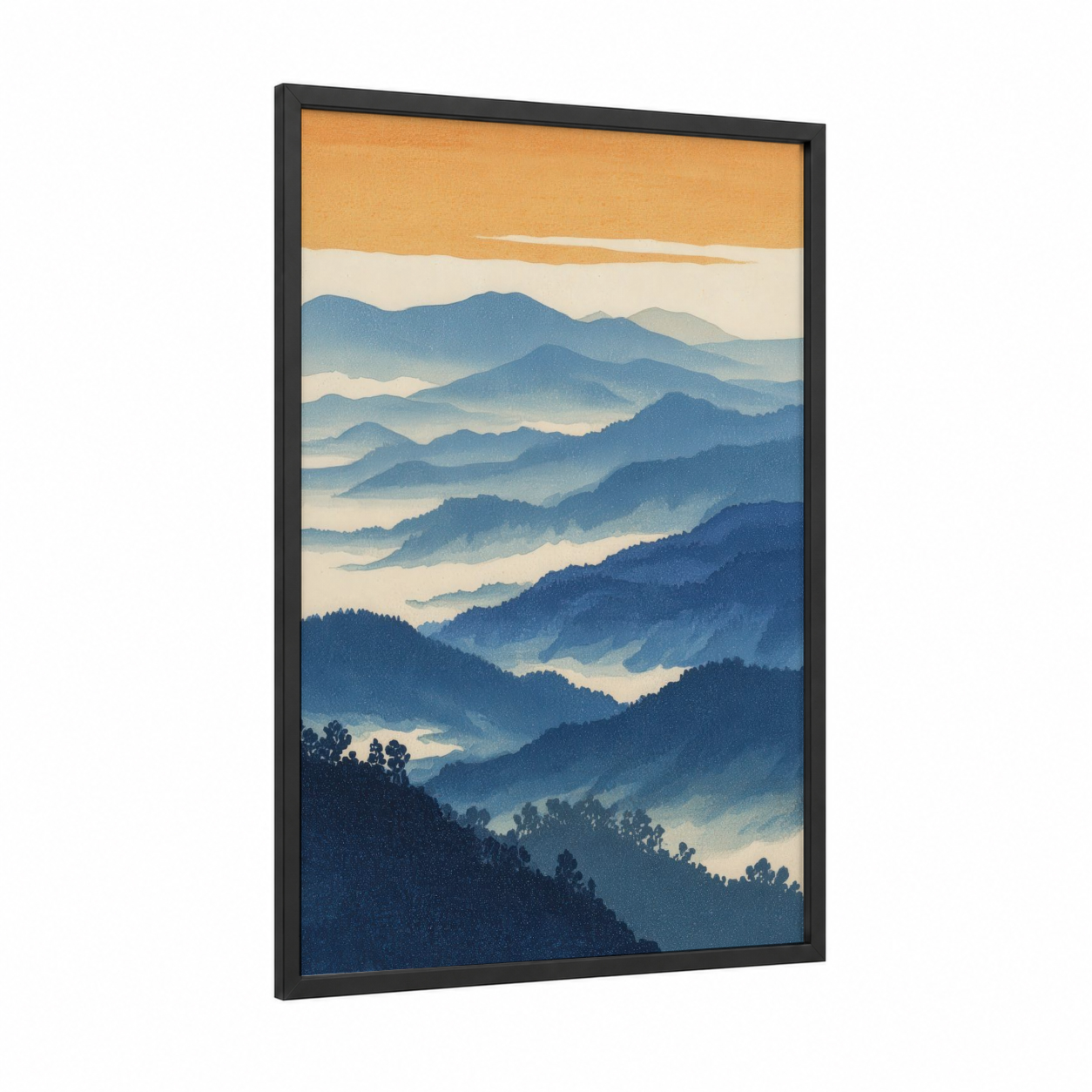 Misty Blue Ridge framed blue ridge mountains print — black wood frame — dark blue and gold palette