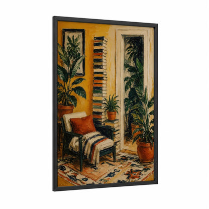 Tropical Interior With Plants Wall Art framed art print — black wood frame — orange and green palette