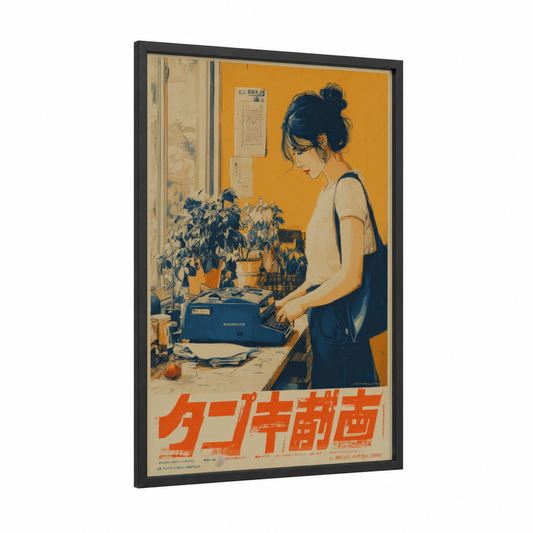 Vintage Typewriter Girl framed vintage japanese ads print — black wood frame — gold and blue palette