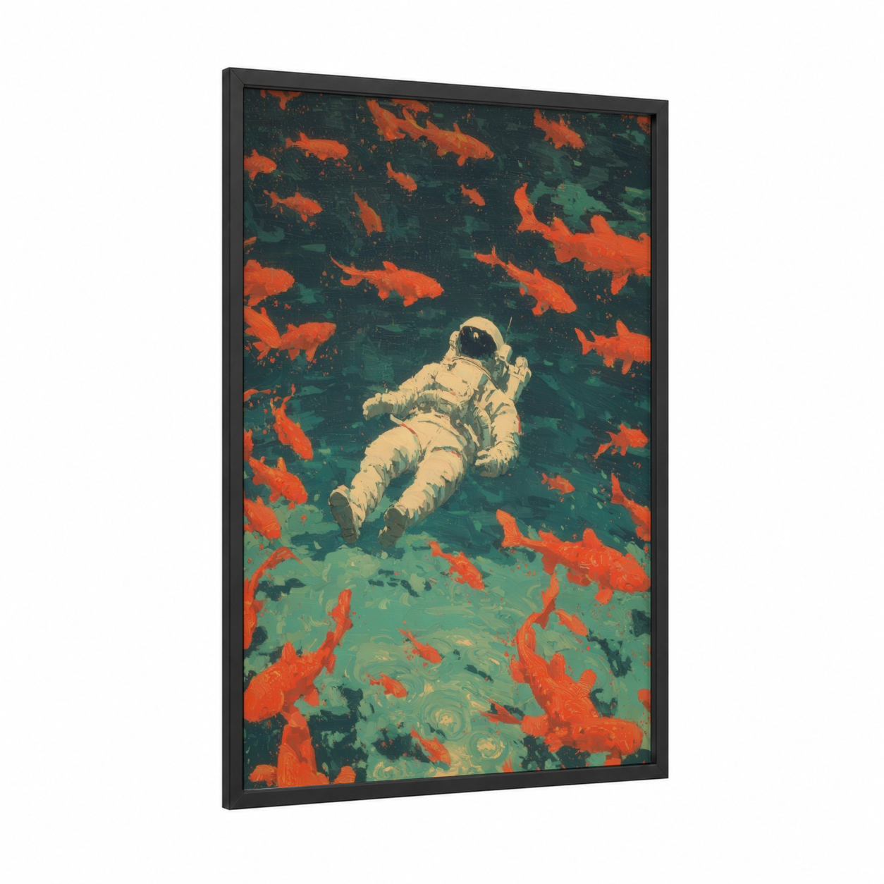 Cosmic Astronaut framed art print — black wood frame — orange and dark green palette