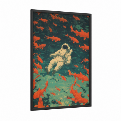 Cosmic Astronaut framed art print — black wood frame — orange and dark green palette