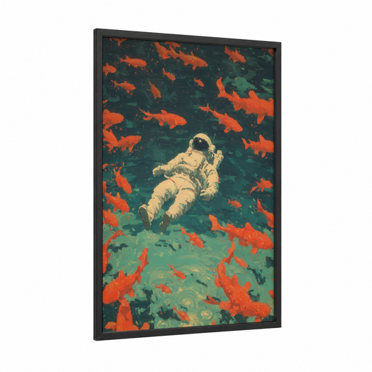 Cosmic Astronaut framed art print — black wood frame — orange and dark green palette