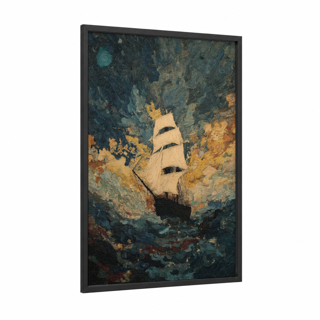 Stormy Sailing Ship framed art print — black wood frame — teal and gold palette