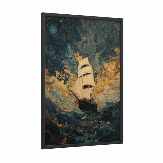 Stormy Sailing Ship framed art print — black wood frame — teal and gold palette