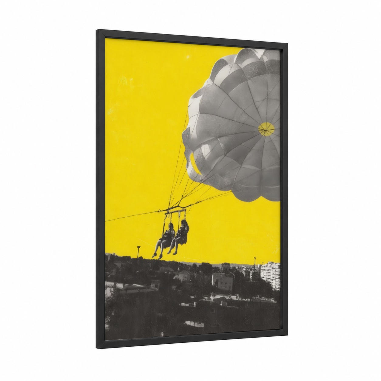 Yellow Sky Parasailing framed art print — black wood frame — yellow and black and white palette