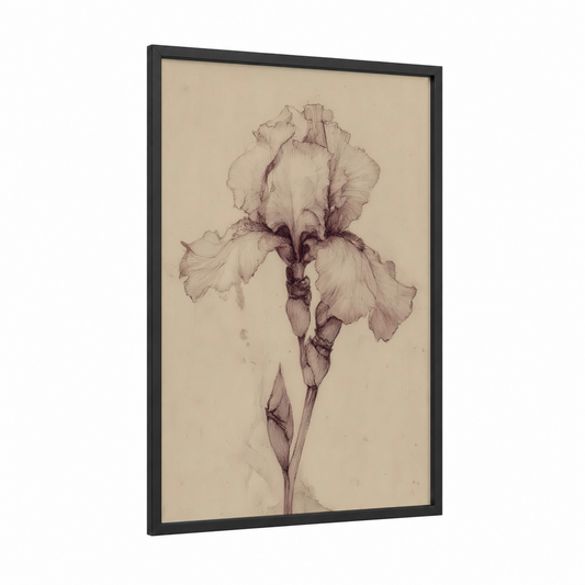 Delicate Iris Study framed art print — black wood frame — beige and brown palette