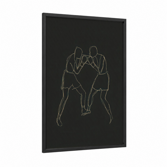 Golden Boxers framed boxing print — black wood frame — gold and black palette