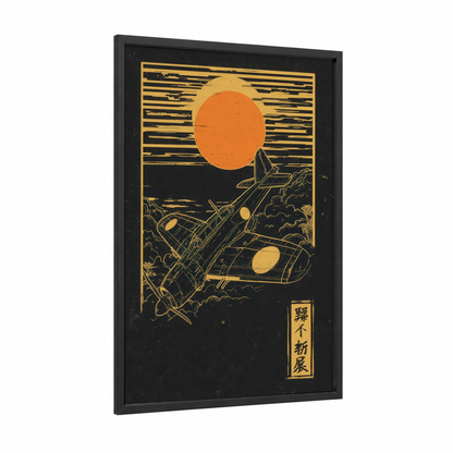 Crimson Sky Vintage framed vintage airplane print — black wood frame — gold and black and gold palette