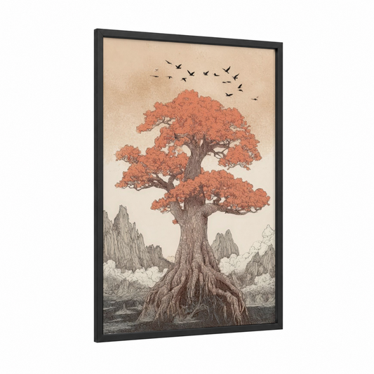 Russet Baobab framed baobab tree print — black wood frame — russet and cream palette