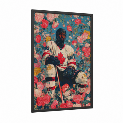 Floral Hockey Player framed ice hockey print — black wood frame — rose gold and teal palette