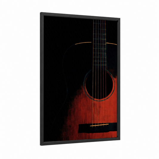 Crimson Acoustic Guitar framed art print — black wood frame — red and gold palette
