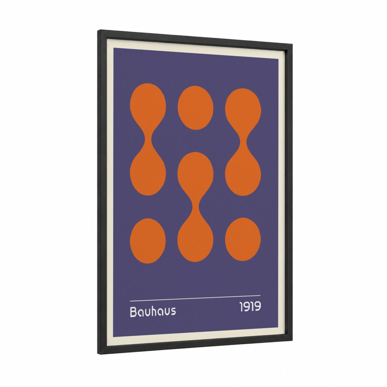 Bauhaus Circles framed abstract geometric print — black wood frame — orange and purple palette