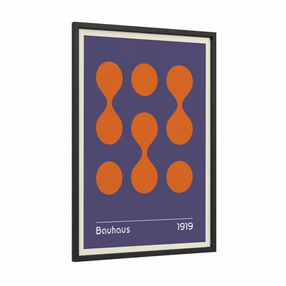 Bauhaus Circles framed abstract geometric print — black wood frame — orange and purple palette