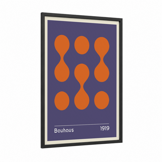 Bauhaus Circles framed abstract geometric print — black wood frame — orange and purple palette