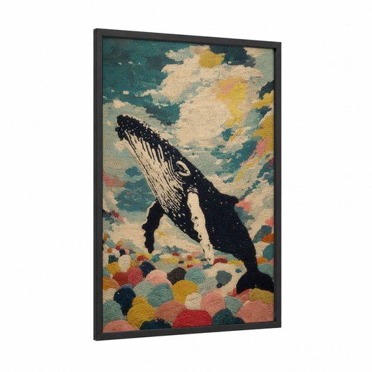Colorful Whale framed humpback whale print — black wood frame — teal and yellow gold palette