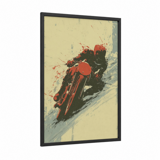 Crimson Racer framed vintage motorcycle print — black wood frame — red and cream palette