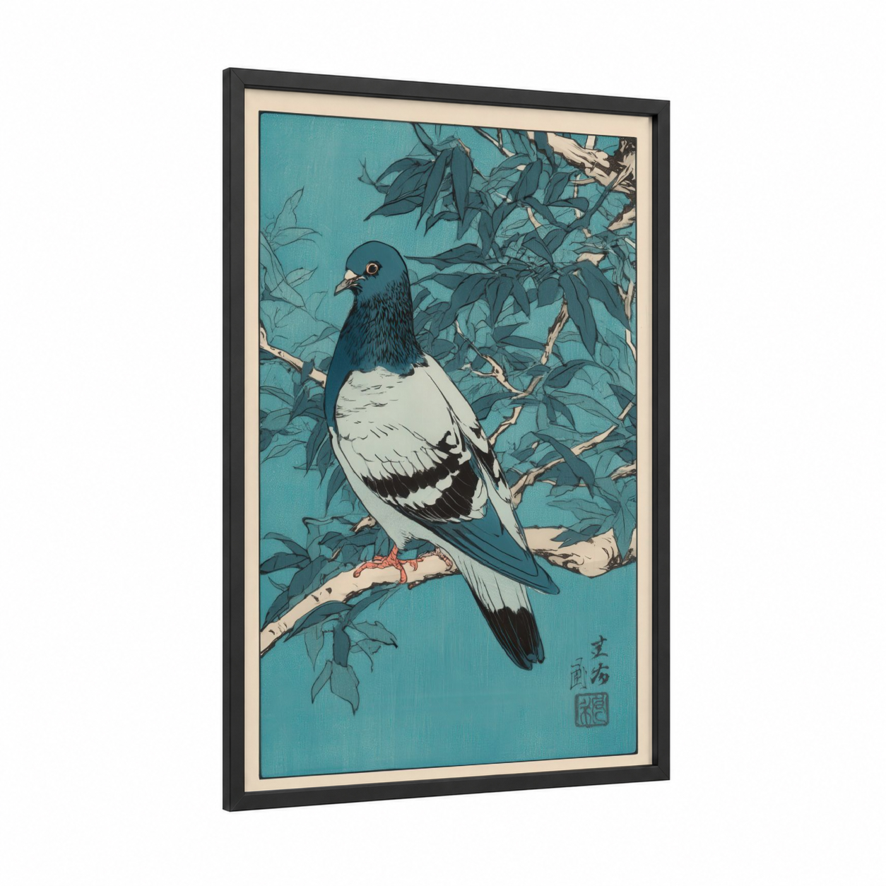 Turquoise Pigeon framed art print — black wood frame — teal and cream palette