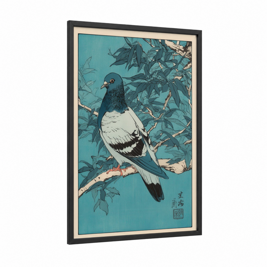 Turquoise Pigeon framed art print — black wood frame — teal and cream palette