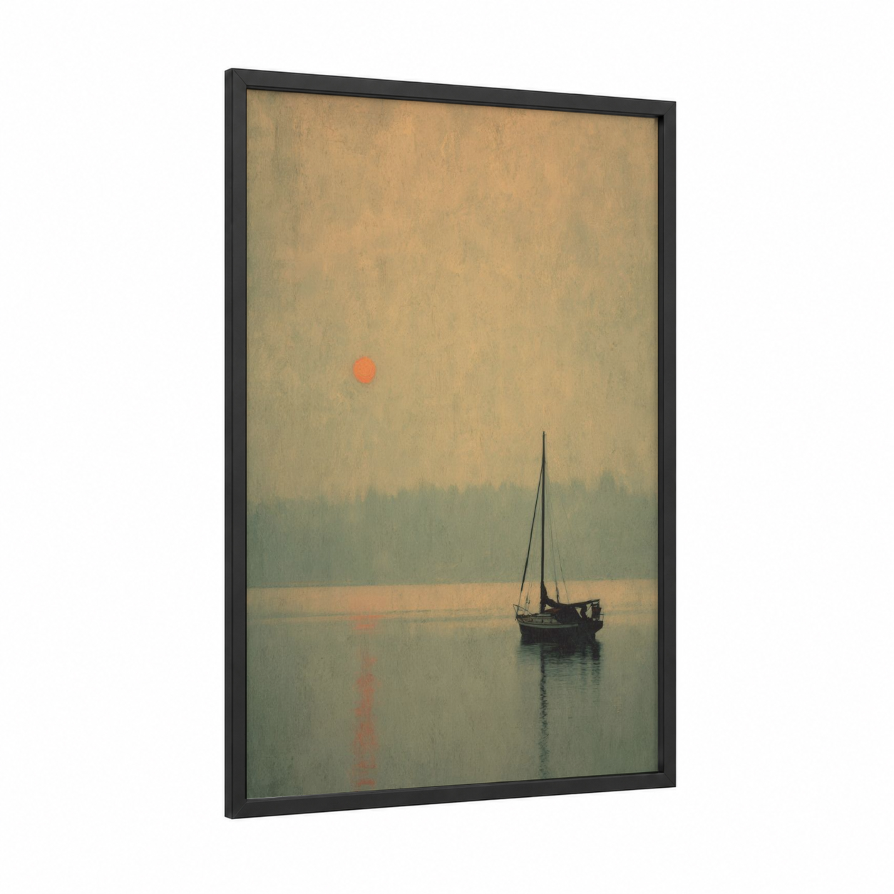 Misty Morning Sailboat framed sunrise print — black wood frame — gold and gray palette