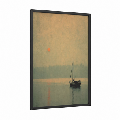 Misty Morning Sailboat framed sunrise print — black wood frame — gold and gray palette